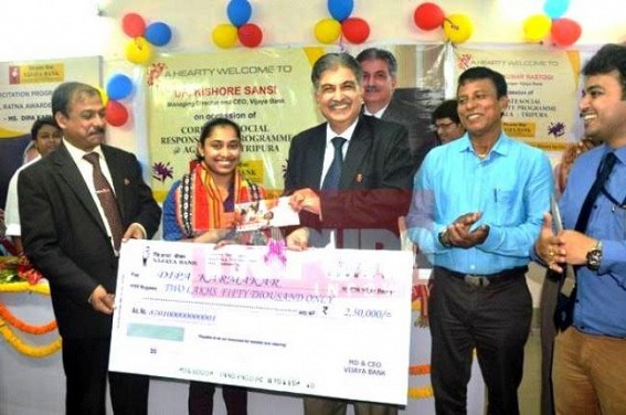 Vijaya Bank honours Khel Ratna Dipa Karmakar Rs. 2.5 Lakhs, adopts 2 poor girl children upto Post Graduation : Tripura Chief Minister yet to gift a single PAISA, fails to learn lessons from Outsiders ! Vijaya Bank honours Khel Ratna Dipa Karmakar Rs. 2.5 Lakhs, adopts 2 poor girl children upto Post Graduation : Tripura Chief Minister yet to gift a single PAISA, fails to learn lessons from Outsiders !